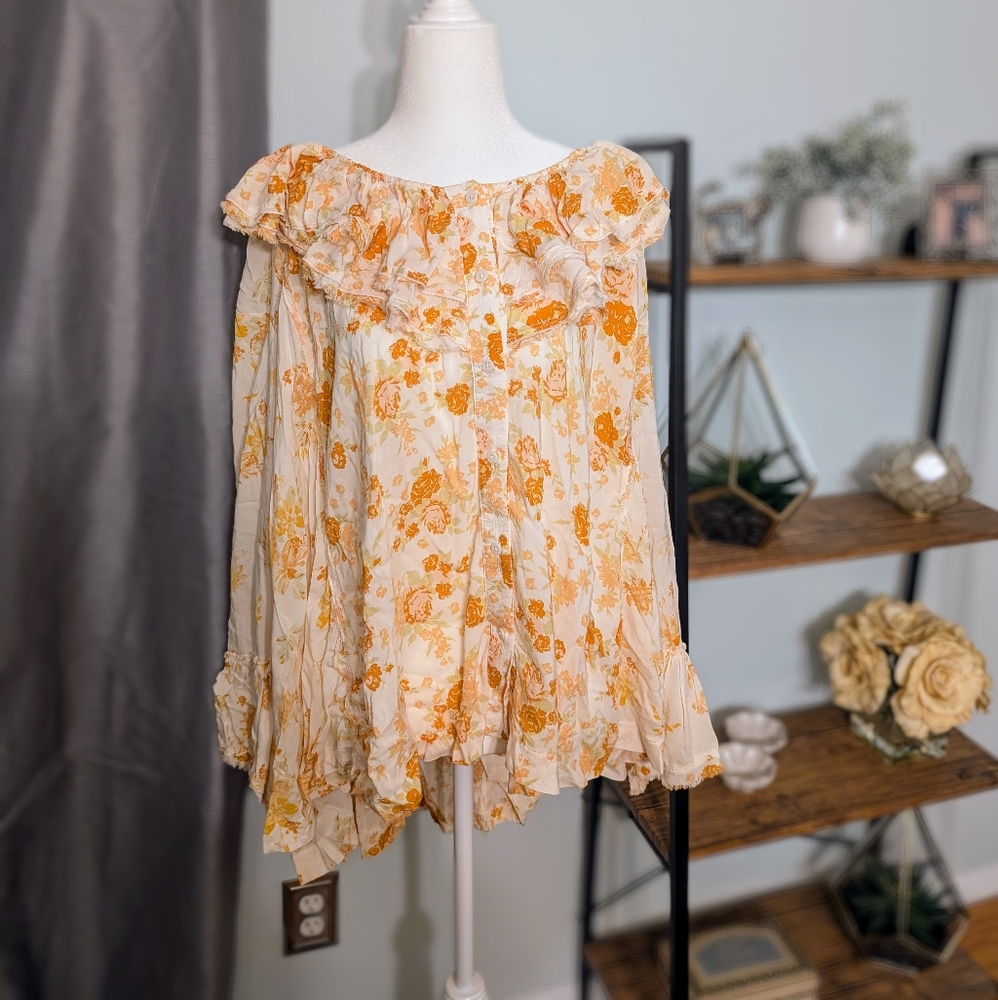 Free People Floral Boho Tunic Top Ruffle Detail Cream & Orange Size Small